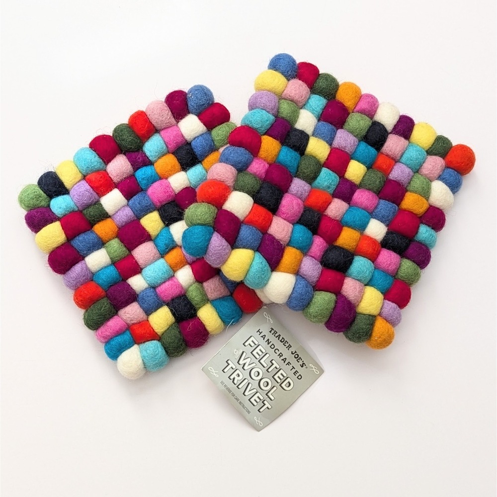 SET of 2 Trader Joe's Handcrafted Felted Wool Trivet Multicolor Square Hot Pad